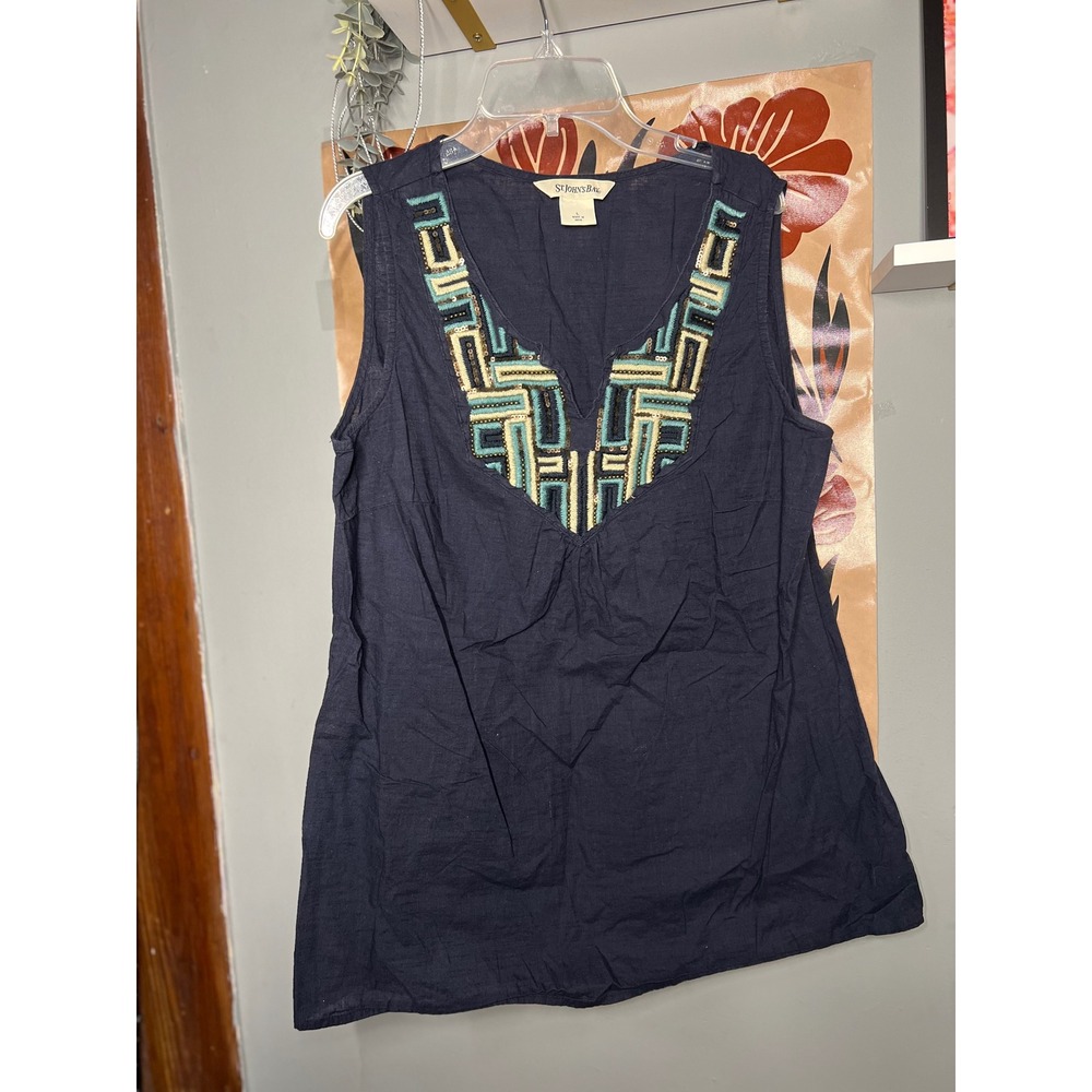 St Johns Bay Womens Navy Blue Sleeveless Embroidered Sequin V-Neck Top Large